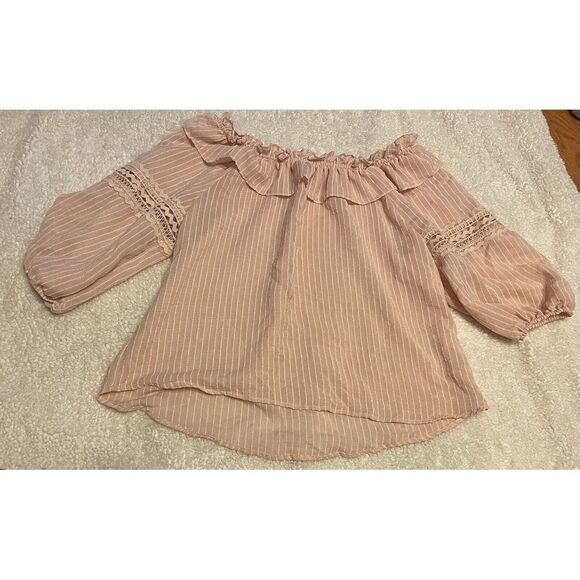 ANTHROPOLOGIE MINE Blouse Womens Medium‎ Pink Rose Ruffle Lightweight Top Rayon - Picture 1 of 12